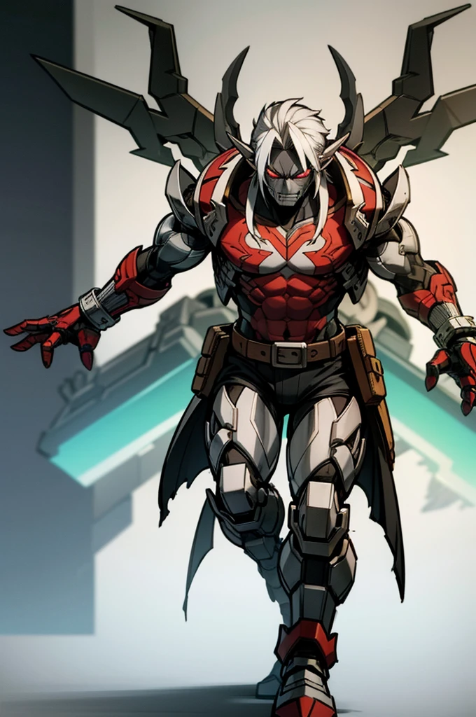 Half-Orc Barbarian, Red Eyes, green skin, silver hair, full body art, perfectly muscles adorneds
