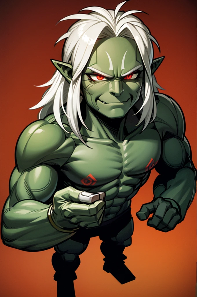 Half-Orc Barbarian, Red Eyes, green skin, silver hair, full body art, perfectly muscles adorneds