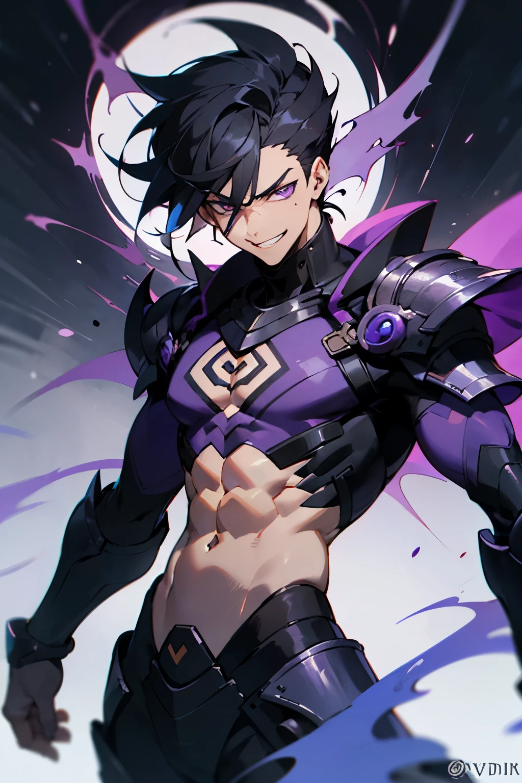 ((best quality)), ((masterpiece)), (detailed), male, sharp, angular features, dark complexion, teenager, toned body, purple eyes, wild jet-black hair, evil smirk, dark swirling tattoos of void energy across his body, wears a combination of modern clothing and voidkin armor