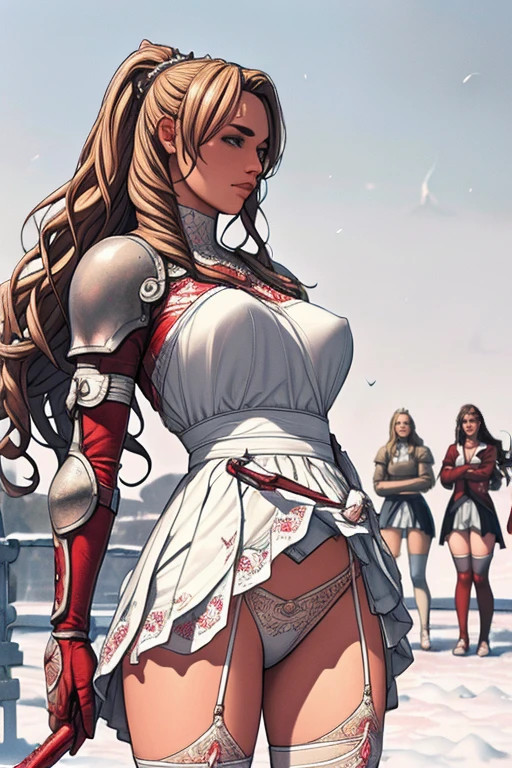 Very beautiful woman、Slender women、(Detailed face)、Realistic Skin、((Holy Knight)), ((Armor made of black))、((((Extremely detailed and intricately decorated armour:1.1))))、(Smooth breast cup)、((Delicate photo)),(Girl Astepeace RAW Photo Details:1.25), (Highest quality:1.6), (Ultra-high resolution:1.5), (Realistic:1.75), 8K resolution, Canon EOS R5, 50mm, Absurd, Super detailed,Cinema Lighting,((Fightfield))、((Fight))、(((White embellished micro skirt)))、(((Crimson high leg panties with lace pattern:1.4))),Thigh-high socks、Shingard、((blonde))、((Curly Hair))、((Drill Hair))、((Wavy long hair,))、ponytail, Cape、Beautiful Armor、(((Has a huge weapon)))、(In combat)、The wind is blowing、((Symmetrical armor))、((((Blizzard))))、(((Lead a large group of knights:1.2)))、banner、(((Battle Scenes)))、((Browsing Caution:1.2))、(((I can see her panties:1.4)))、、((Skirt lift in the wind:1.4))