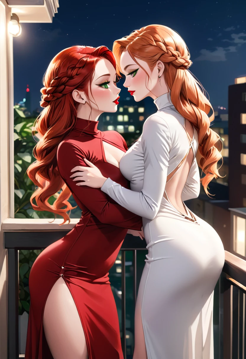 Two beautiful women with long braided red hair and mid wavy blond hair, respectivetly, with blue eyes wearing a Mock Neck Cut Out Dress, Sexy Criss Cross Mock Neck ((Mid Sleeves)) Dress, ((luxurious jewelry)), standing in a balcony at night, hugging closely and kissing each other (white skin), (red lipstick), (elegant mascara), (muscular body with abs), (small breasts) midjourney, <lora:GoodHands-, <lora:GoodLegs-, UHD, high resolution, (masterpiece:1.1, best quality), (expressive eyes, perfect face, full body, expressive face, perfect body, athletic, fit, slim body, blushing, Perfect makeup, eyeliner, beautiful eyelashes, smiling, horny face), ((Red dress)), ((Black dress)), ((Tight dress)), ((best illumination, best shadows)), ((lesbian kiss)), ((grabbing each other's ass))