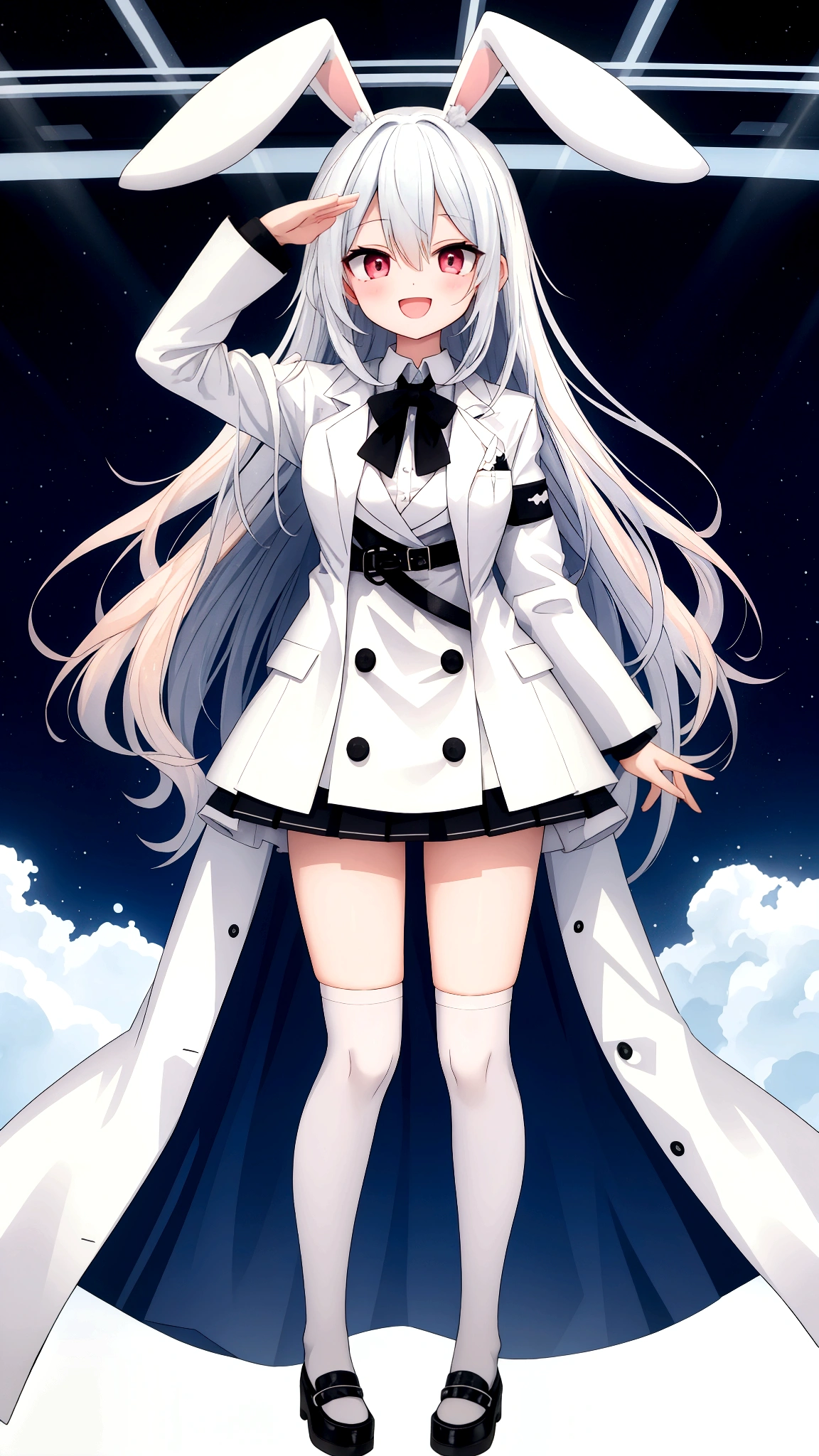 insanely detailed, absurdres, ultra-highres, ultra-detailed, best quality,
1girl, solo, nice hands, perfect hands,
BREAK
White themed outfit, blazer, mini-skirt, rabbit ears, long coat, knee-high socks, 
BREAK
happy smile, laugh, open mouth, standing,
cute pose, (full_body shot),
BREAK
slender, kawaii, perfect symmetrical face, ultra cute girl, ultra cute face, ultra detailed eyes, ultra detailed hair, ultra cute, ultra beautiful,
BREAK
On stage with pink spotlights, 
BREAK
(white blue hair:1.2), very long hair, red eyes, 