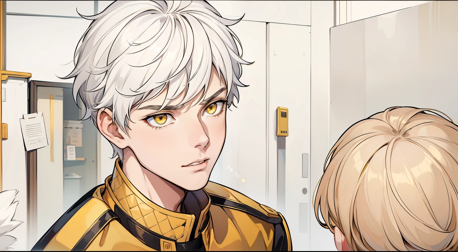 He has a golden collar and shoulder pads on his gold shirt, cute 17 year old boy, yellow eyes, white hair, black clothes with yellow, he is talking, he is cold, serious, calm.