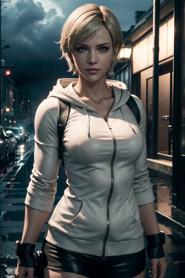 Resident Evil 6,Shelley,Short Hair,Blonde Hair,White hoodie,Cold protection,neck warmer,Photorealistic,Ultra HD,high quality,masterpiece,Digital SLR,Detailed details,Intricate details,Anatomical basis,Depicted in detail,A detailed face,Realistic skin texture,Vivid details,Perfect Anatomy,Perfect Anatomy,Anatomically correct hand,Anatomically correct fingers,Super Detail,Complex 3D rendering,Sexy pose,Rainy Sky,Beautiful scenery,Fantastic rainy sky,Picturesque,Pink Lips,smile,