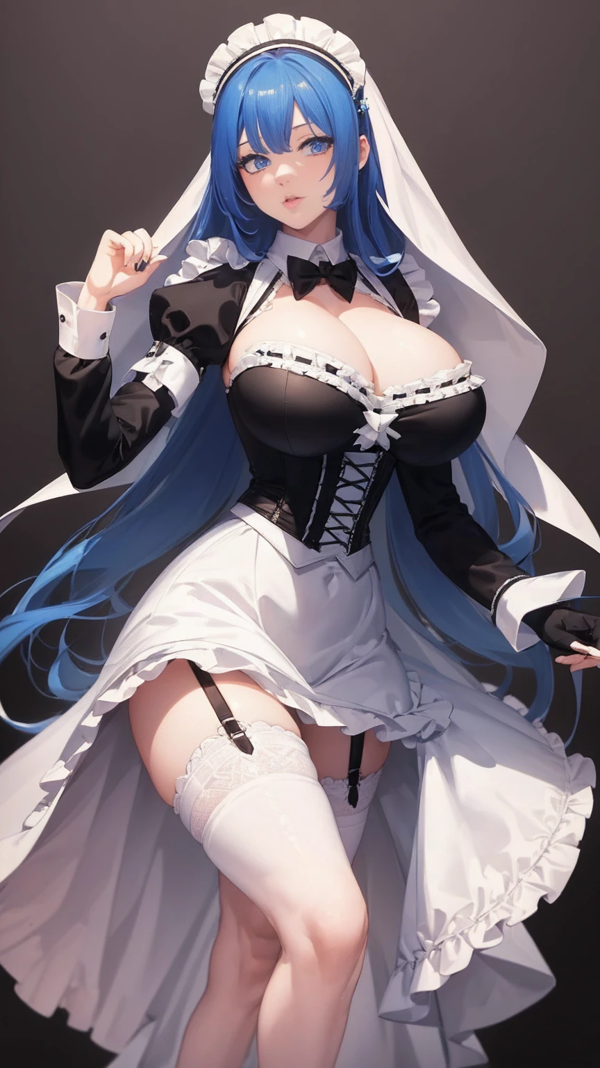 8k, (best quality, masterpiece:1.7), full body, (huge breasts:1.2), very long hair, white thighhighs, high heels, (maid dress:1.4), corset, garter belts, blue hair, tall girl,