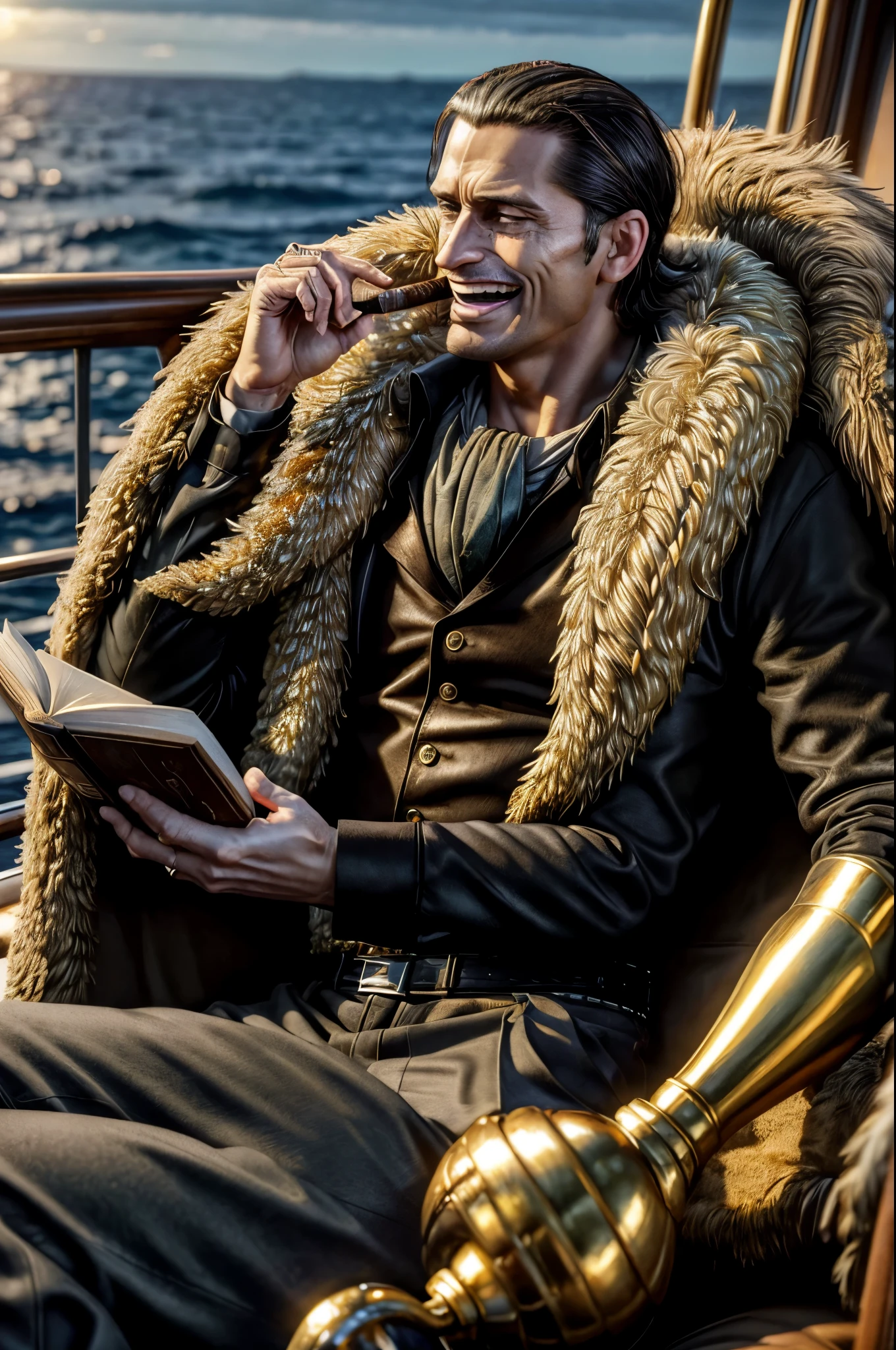 masterpiece, best quality, extremely detailed, hyperrealistic, photorealistic, a cool 40s man, ultra detailed face:1.2, fur-trimmed coat, scarf around the neck, his left hand is a golden pirate hook, smoking, cigar, laughing, reading a book:1.1, on detailed yacht, sea