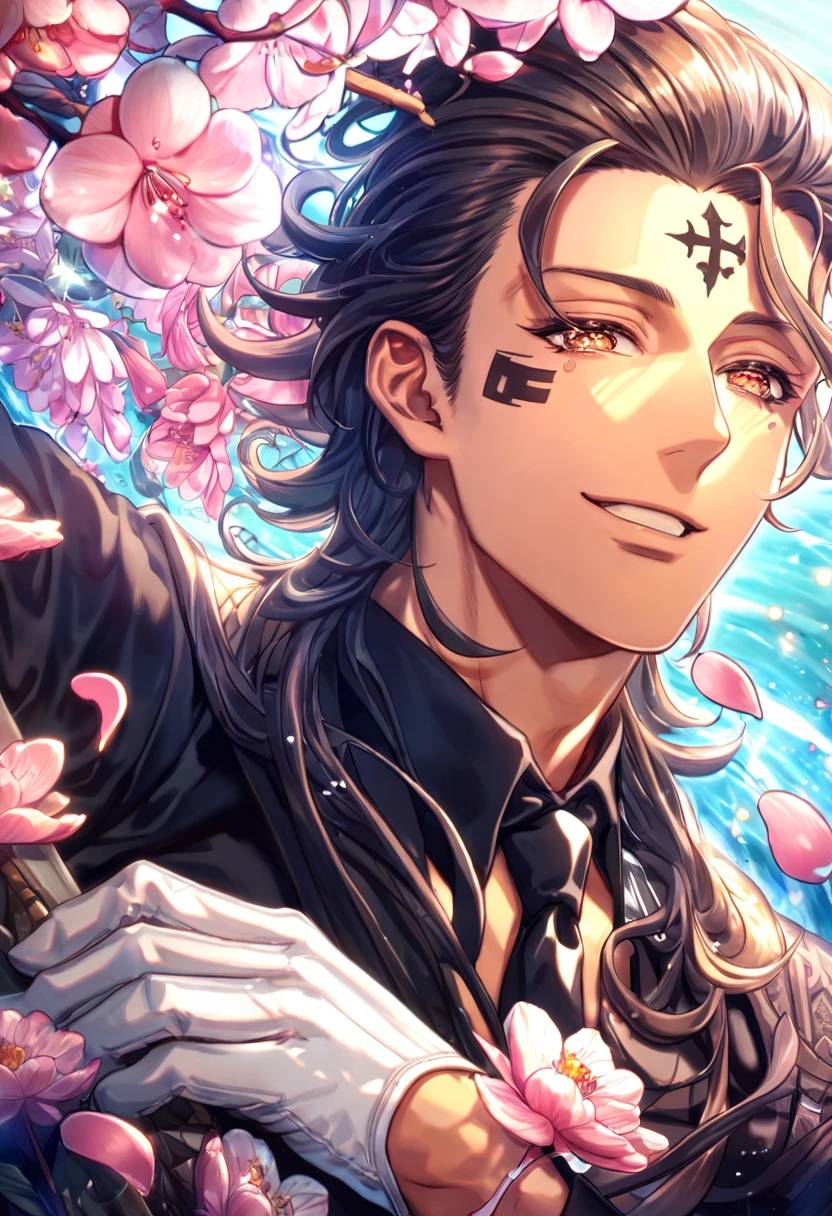 Ultra detailed, highres, absurdres, HDR, master piece, Tiky Mikk, dark wavy hair, slicked back hair, short hair, expressive amber eyes, tanned skin, black clothes, black necktie, white gloves, D.Gray-Man, fantasy, pink petals, water, pink flowers, handsome, sexy man, solo, magical, best quality, extremely detailed face, blossoms, handsome smile, blue shining fireflies, mole under his eye, cross mark on his forehead