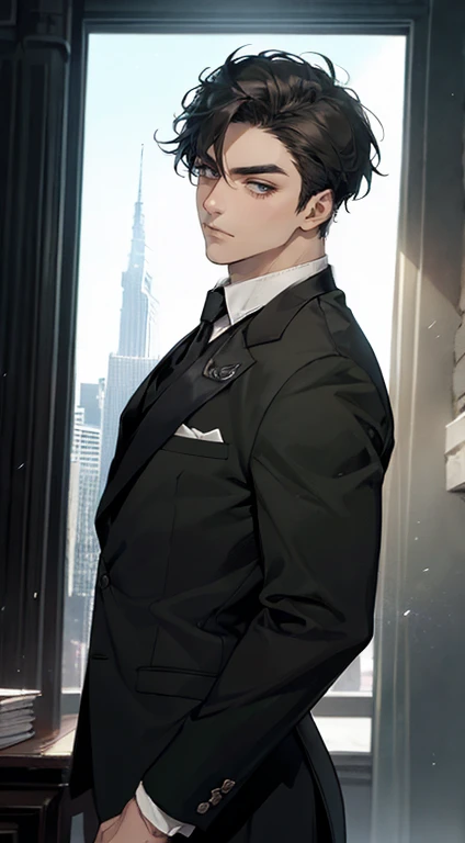 ((a young man in a black suit and tie)), taken in the early 2020s, gotham, alejandro, he looks very sophisticated, (((left side swept bang black short hair))), (dark green eyes and thick eyebrows), smirk. ((20 years old)), ((Black suite and black tie)), masterpiece, posture dynamic, one person,