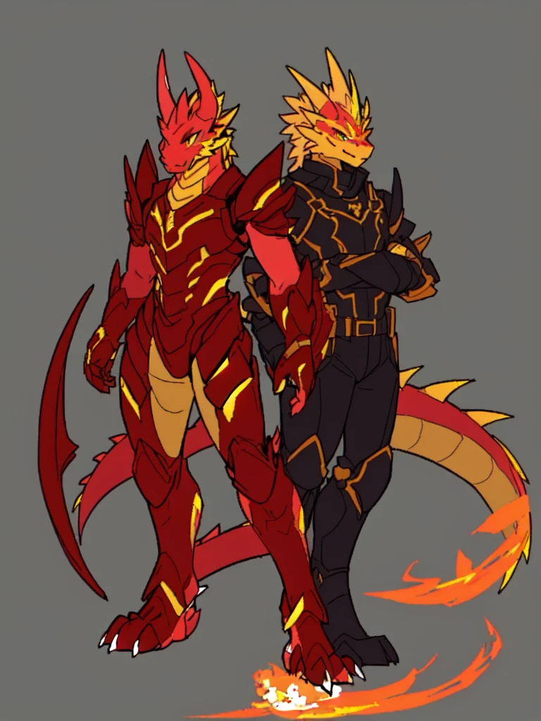 there is a drawing of a red and yellow dragon with yellow tail, full body dragon concept, young male anthro dragon, fire!! full body, human and dragon fusion, as an anthropomorphic dragon, draconic looking armor, but as an anthropomorphic dragon, male robotic anthro dragon, full body adoptable, full body concept