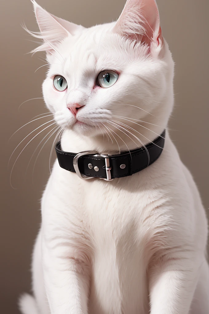 White cat with two black spots on its face wearing a pink collar