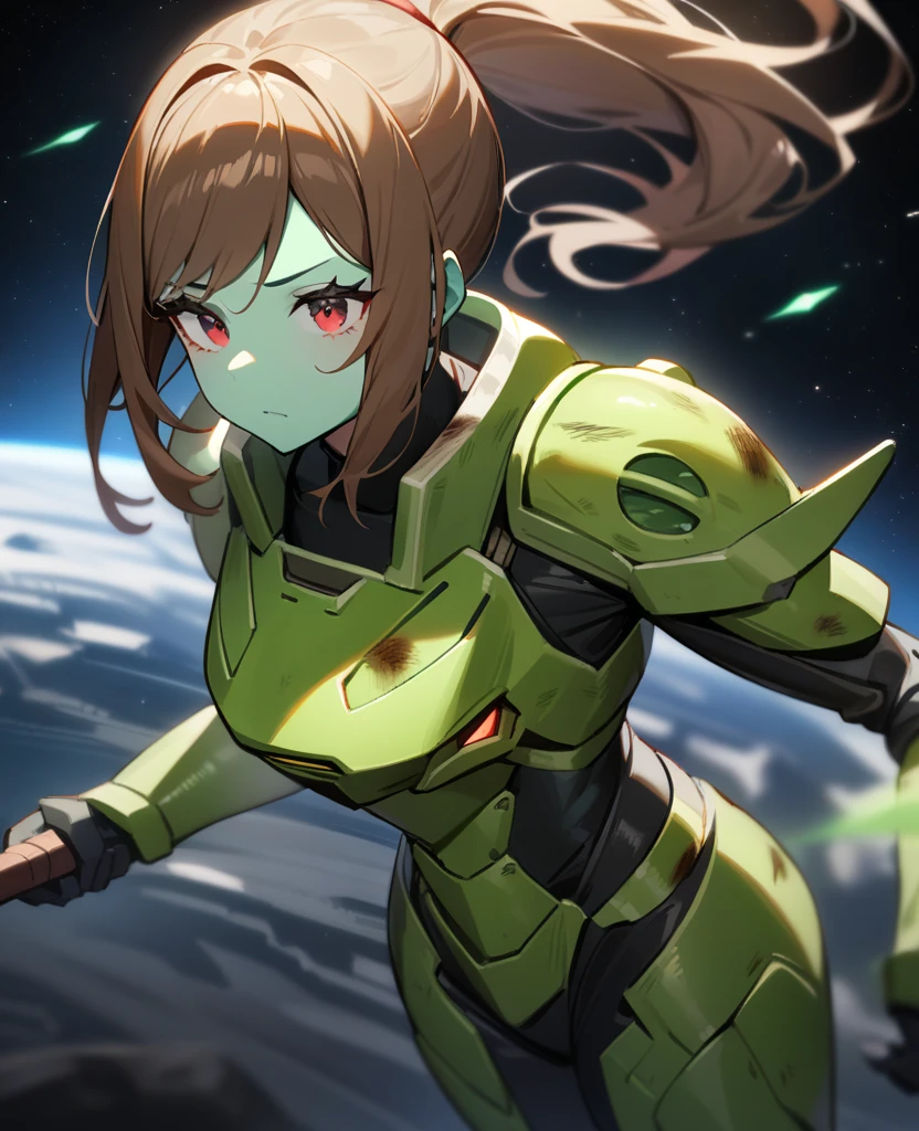 1girl,solo,red eyes,((brown hair:1.5)),green power armor,ponytail,((pale green skin)),green chest armor,cowboy shot,in space ship,zero gravity,Science fiction,ultra-detailed,sharp focus,aesthetic,(best quality), carrying purple halberd, tall woman, battle damage 