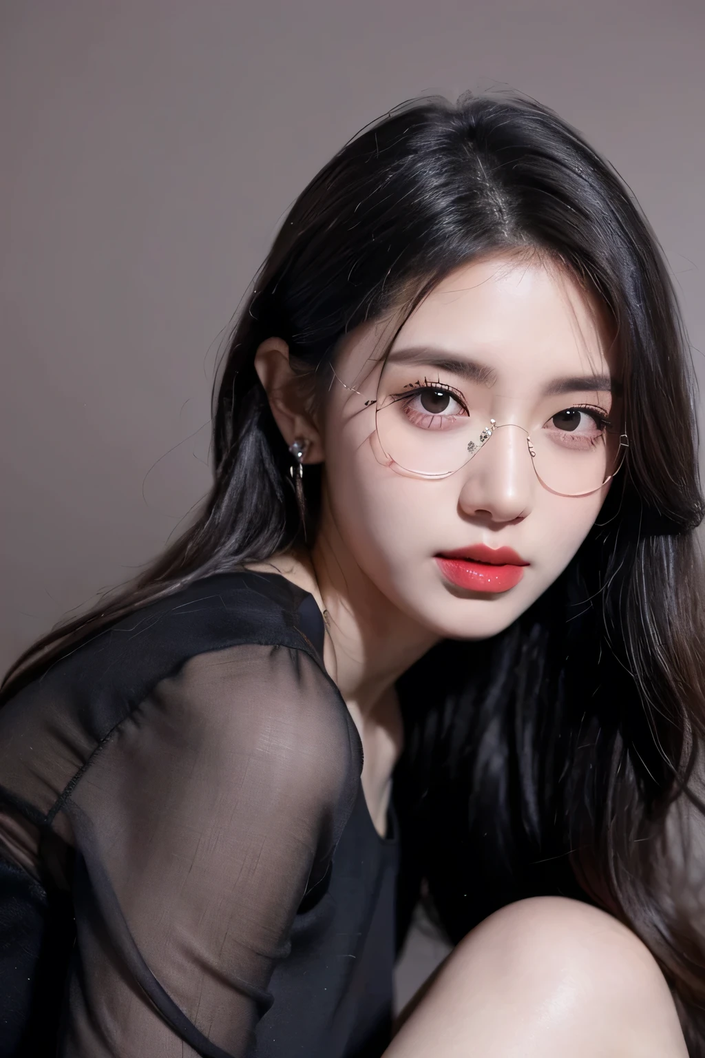 Top CG, Highest image quality, masterpiece, Gentle and beautiful girl, (185cm美女), (fit), Imperial sister, Queen temperament, White skin, ((Long legs)), Perfect facial features, Bright Eyes, Seductive pose, Red lips, Beautiful and cold (A major breakthrough)), Beautiful and heroic, Soft and long hair, sparkling, Lace, net, Visible through clear skin, wear glasses, Diamond Earrings, Black skirt), 8K Image Quality, (Realistic Portraits), Characters fill the screen, (Facial lighting), ((eternal)