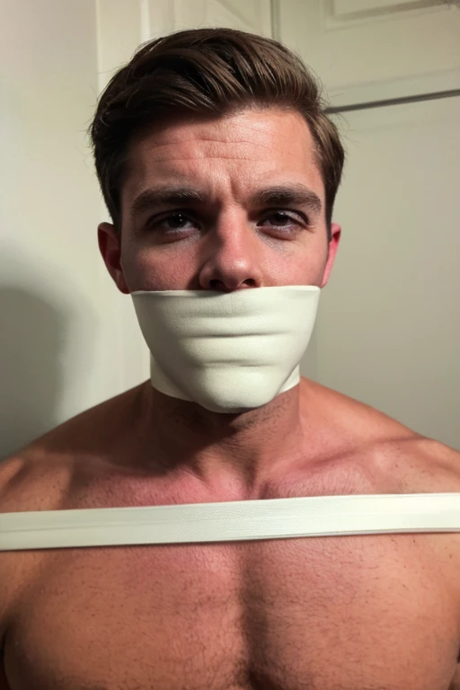 handsome 30s man, muscular, stubble, bearded, short brown hair, lookinh at viewer, sad, tape gag, tape wrapped around face, tape wrapped, wrap gag, tightly bound