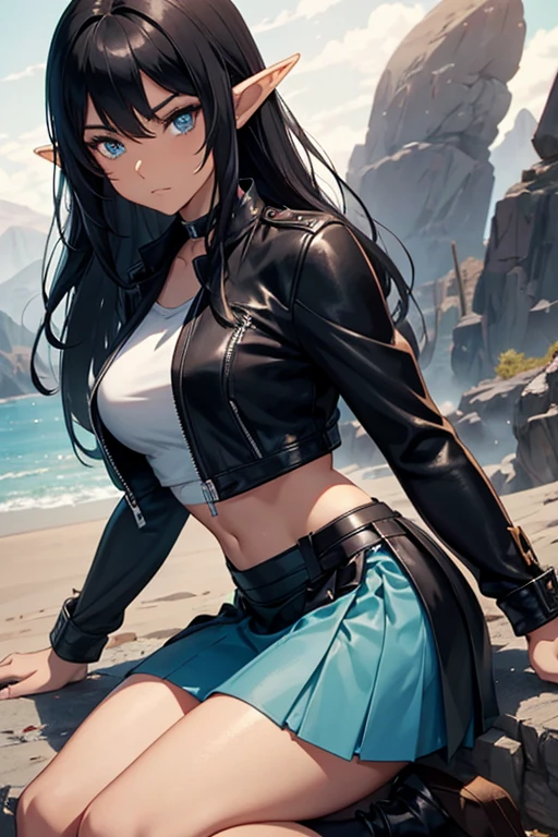 Half elf woman, black hair, tan skin, anime style, comic book style, black leather jacket, ankle length skirt, pale sky blue eyes, long skirt, dark elf, desert background