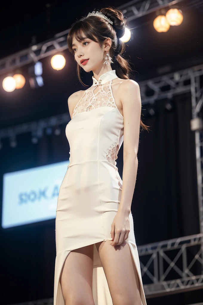 1girl,bangs,bare arms,collar,lace,see through,maxi white cheongsam,detailed background,detailed eyes,brown hair,earrings,upper body,jewelry,slim,flat chest,ponytail,headdress,looking at viewer,makeup,night scene,red lips,signature,laughing,solo,standing,slender legs,pantyhose,high heels,On the T-stage,catwalk,fashion show,Surrounded by crowded crowds on both sides of the stage,neon lights