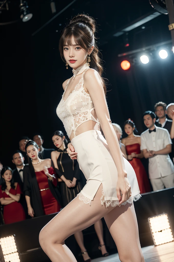 1girl,bangs,bare arms,collar,lace,see through,maxi white cheongsam,detailed background,detailed eyes,brown hair,earrings,upper body,jewelry,slim,flat chest,ponytail,headdress,looking at viewer,makeup,night scene,red lips,signature,laughing,solo,standing,slender legs,pantyhose,high heels,On the T-stage,catwalk,fashion show,Surrounded by crowded crowds on both sides of the stage,neon lights