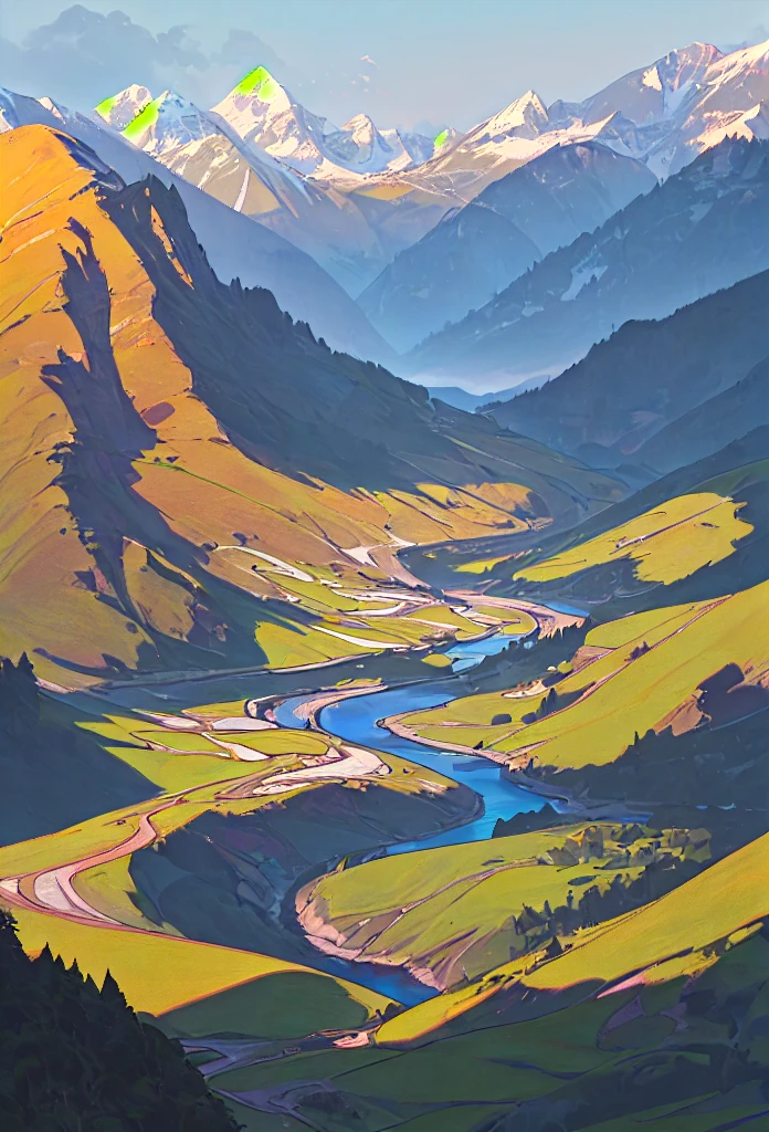 mountainous landscape, rolling hills, snow-capped peaks, lush greenery, vibrant wildflowers, flowing river, dramatic lighting, cinematic composition, photorealistic rendering, epic scale, enchanting atmosphere, serene tranquility, beautiful detailed mountains, extremely detailed landscape, (best quality,8k,highres,masterpiece:1.2),ultra-detailed,(realistic,photorealistic,photo-realistic:1.37),cinematic lighting,dramatic shadows,vivid colors,stunning vista,breathtaking panorama