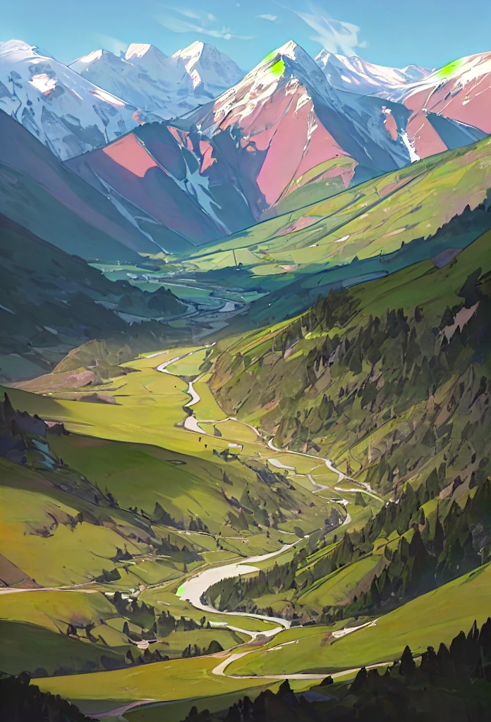 mountainous landscape, rolling hills, snow-capped peaks, lush greenery, vibrant wildflowers, flowing river, dramatic lighting, cinematic composition, photorealistic rendering, epic scale, enchanting atmosphere, serene tranquility, beautiful detailed mountains, extremely detailed landscape, (best quality,8k,highres,masterpiece:1.2),ultra-detailed,(realistic,photorealistic,photo-realistic:1.37),cinematic lighting,dramatic shadows,vivid colors,stunning vista,breathtaking panorama