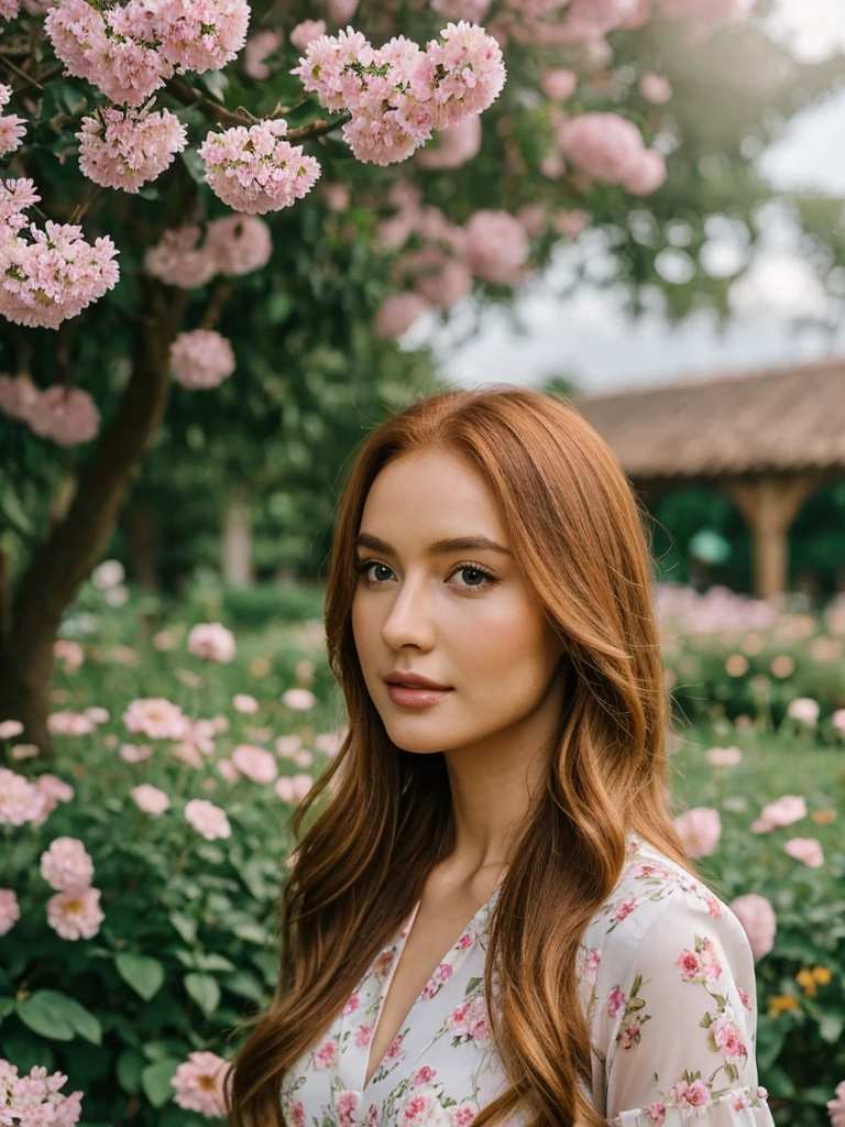 Generate an extremely photorealistic image of a gorgeous professional female Instagram influencer model with long reddish-blonde hair, captivating eyes, sitting in a lush garden, surrounded by blooming flowers, wearing a flowy dress, and looking serene. The scene should feature lifelike textures and details, with the soft lighting of the afternoon sun illuminating her serene expression and the vibrant, blooming flowers. Keywords: 64K, photorealistic, UHD, hyper-detailed, HDR, professional photography, realistic rendering, lifelike, serene, blooming flowers.

Keywords: Photorealistic, Cinematic, full-body portrait, gorgeous professional female Instagram influencer model, long reddish-blonde hair, captivating eyes, meticulously rendered, textures, realistic lighting and shadows, cinematic composition, lifelike, immersive, beauty.