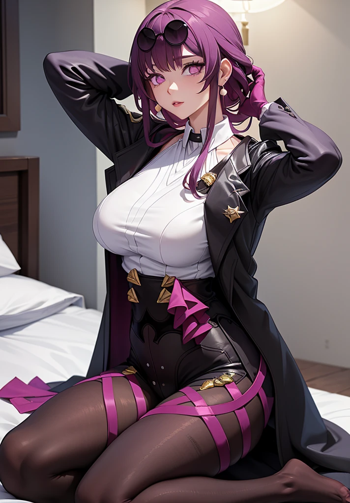 masterpiece, (detailed, highres, best quality), 1girl, kafkerdef, earrings, eyewear on head, sunglasses, white shirt, black jacket, long sleeves, purple gloves, shorts, pantyhose, thigh strap, seiza, arms behind head, bed