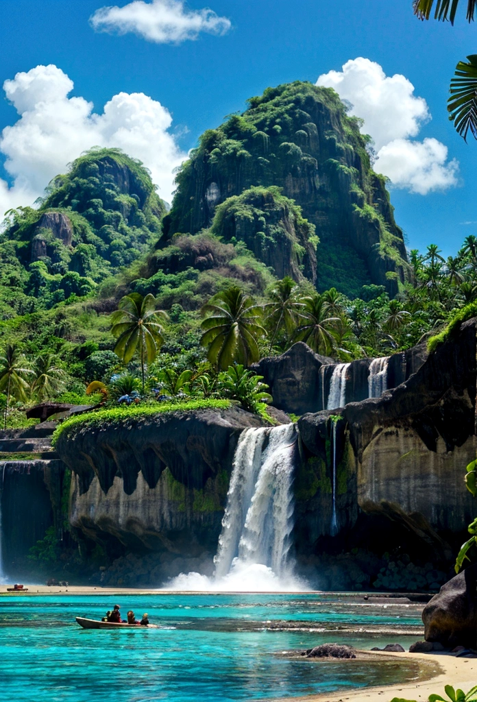 Tropical island with waterfall, Fiji like. High quality, saturation, vibrance, beautiful, clouds, attention to detail 