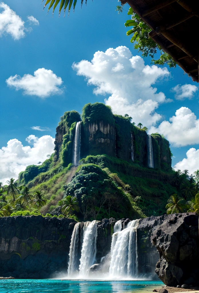 Tropical island with waterfall, Fiji like. High quality, saturation, vibrance, beautiful, clouds, attention to detail