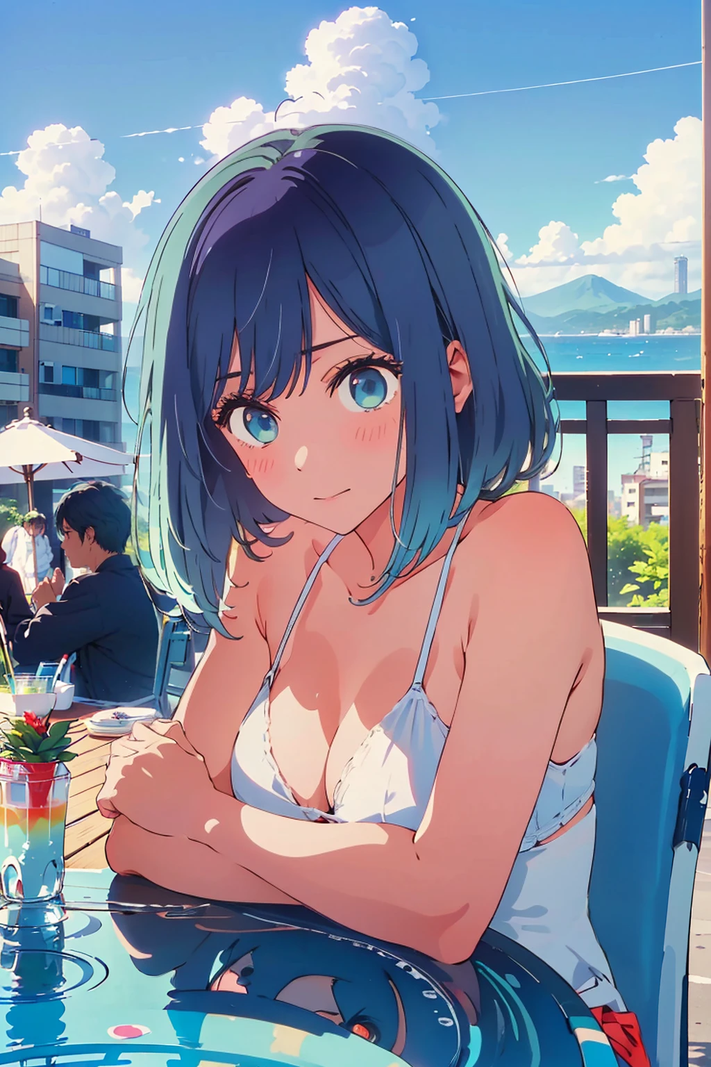 (Highest quality:1.4、8K:1.4、detailed)、F cup bust、Big Breasts、Slim body、Very white beautiful skin、((((1 person、Surprised expression、sit、Chair、In the background are the urban buildings of Tokyo、looking at the camera、Outdoor café terrace、coastal、Navy hair color、juice、White side string high leg bikini、Shooting up close、Shooting from an angle、table、Very cute face))))、(Cross your arms:1.4)、Very blue sky、A completely cloudless sky
