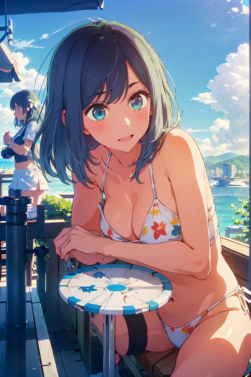 (Highest quality:1.4、8K:1.4、detailed)、F cup bust、Big Breasts、Slim body、Very white beautiful skin、((((1 person、Surprised expression、sit、Chair、In the background are the urban buildings of Tokyo、looking at the camera、Outdoor café terrace、coastal、Navy hair color、juice、White side string high leg bikini、Shooting up close、Shooting from an angle、table、Very cute face))))、(Cross your arms:1.4)、Very blue sky、A completely cloudless sky