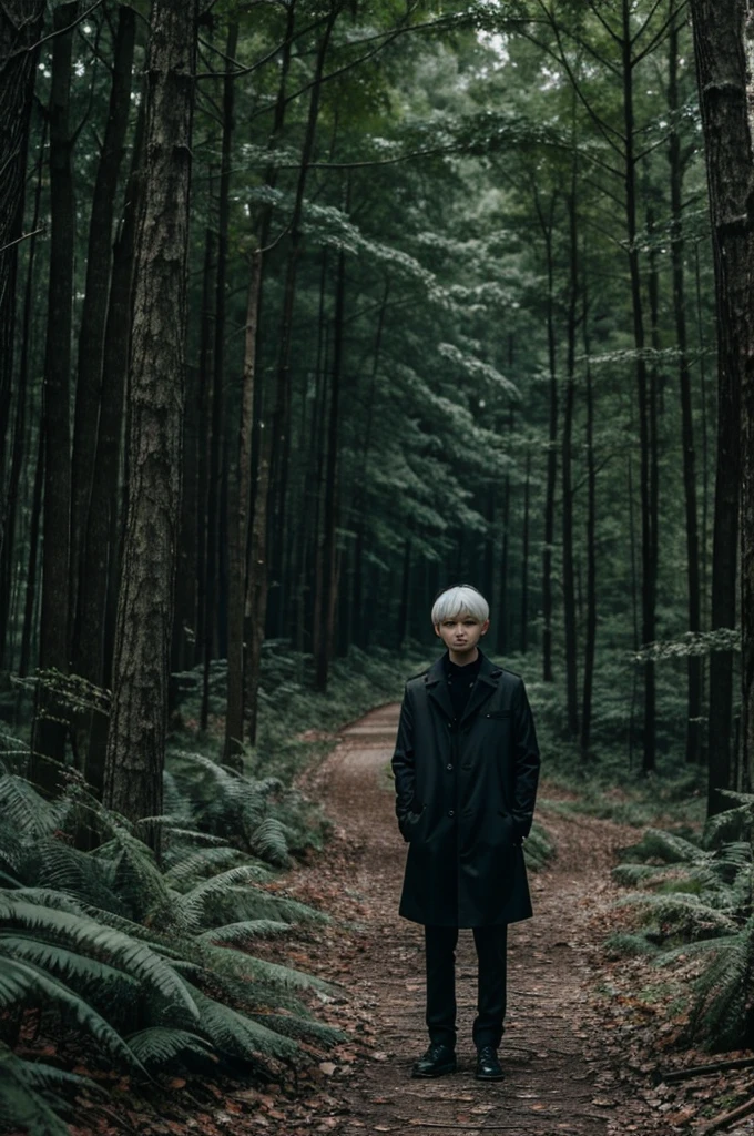 Yoongi in the middle of the forest like a horror cover