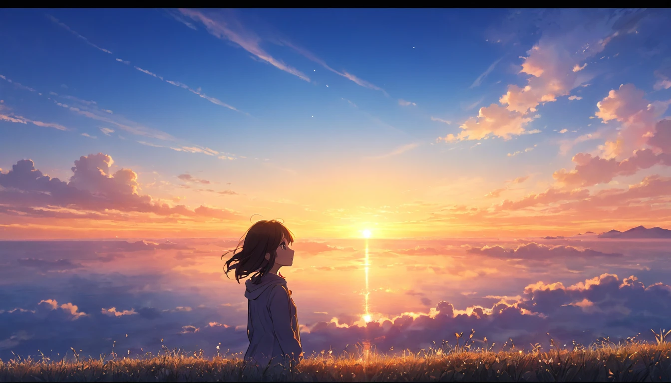 A girl admiring the sunset sky, beautiful gradient sky, anime, from a distance, (best quality,4k,8k,highres,masterpiece:1.2),ultra-detailed,(realistic,photorealistic,photo-realistic:1.37),dramatic lighting,soft focus,glowing colors,golden hour,gentle breeze,peaceful atmosphere,cinematic,dreamlike,serene