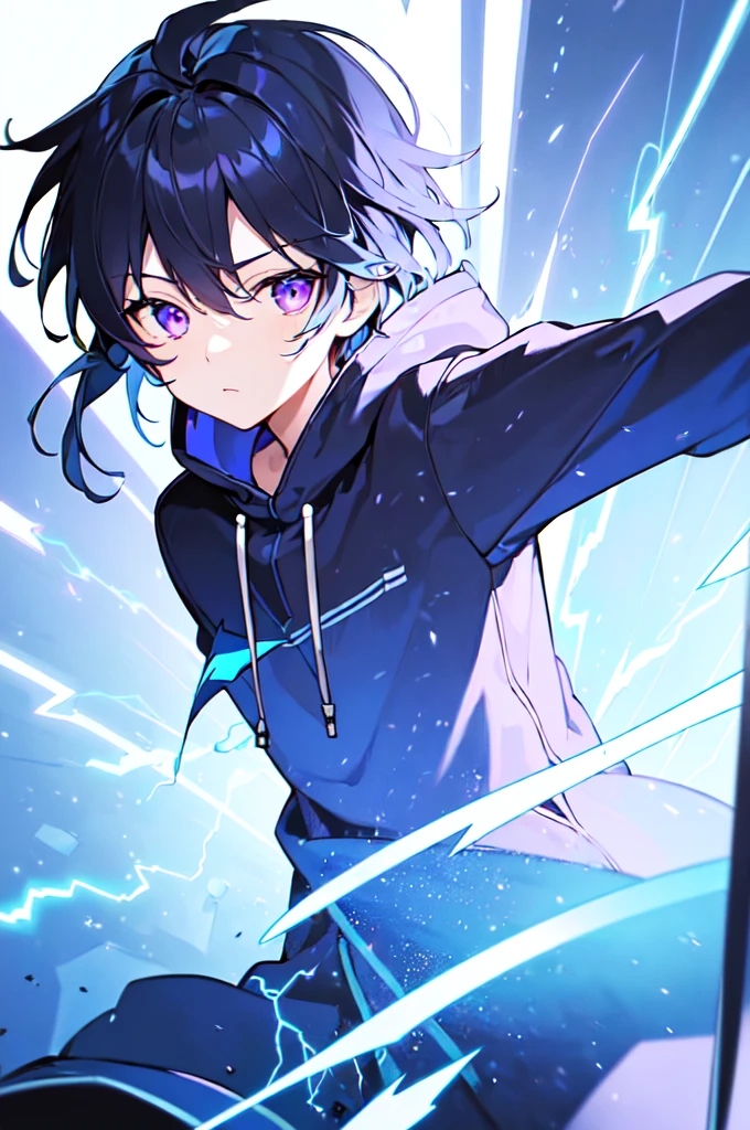 [(WHITE BACKGROUND:1.5),::5], ((((masterpiece)))), high quality, ultra very high resolution, full color, (((solo))), ((little boy)), black hair, ((blue colored inner hair)), ((purple eyes)), anime, ((upper body)), neon light, black parka, (lightning effect:1.2)