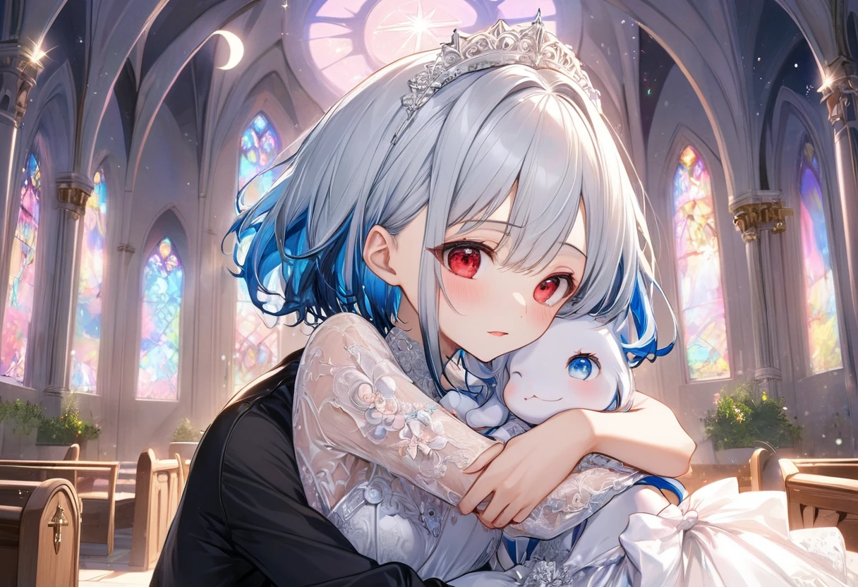 (a crew cut silver hair very short hair divine cool boy, detailed red eyes, Confusion face, flat chest) is (hugging her head), and, (a forehead blue hair long hair cute bride girl, cute blue eyes), (in the Chapel Terrace), (background detailed biggest pink moon), BREAK, perfect ???????, masterpiece, best quality, 16k, beautiful detailed night, daydreaming expression.