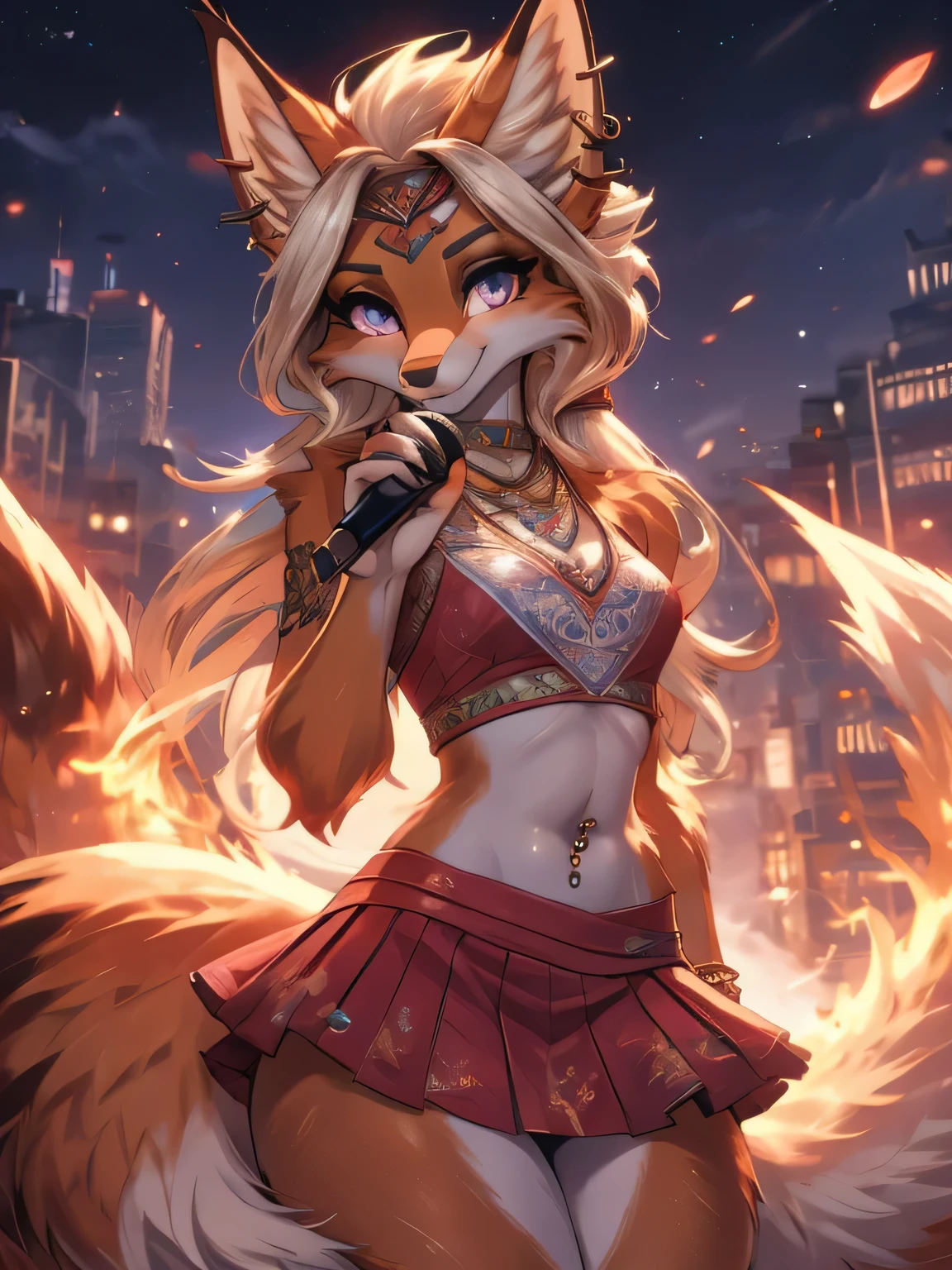 Chica anime,tennage girl 18 years old, anime style, foxy girl, blue body, anthropomorphic shy girl , Orejas de Kitsune, arte de dark natasha, city landscape, arte de vixen aztra, cuerpo completo, patas hermosas, cintura delgada, caderas amplias, navel white blouse, white&pink skirt, navel piercing, ear piercing, navel tattoo, atrevid pose, back pose, fluffly tail, sensual eyes (la mejor definicion) long hair, black flash, city party, city night life, party girl, idol girl, girl with microphone singing, deep purple eyes (HD), white&pink dress, super mega star idol, aura pura, silueta de luz, silueta radiante de luz dorada, su cuerpo brilla, best lighting in photography, mermaid mini skirt, lovely girl, sending kiss, heartlove, girl on fire