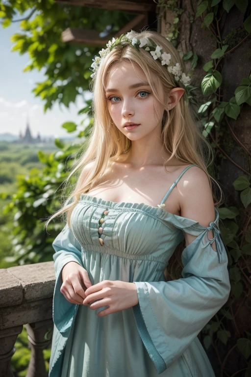 ((best qualityer)), ((work of art)), (detailded), Elf Woman, With Blue and Green Eyes, longye hair, Curly and Blonde, Leafy Dress With Leaves, Flowers And White Medieval