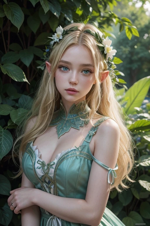 ((best qualityer)), ((work of art)), (detailded), Elf Woman, With Blue and Green Eyes, longye hair, Curly and Blonde, Leafy Dress With Leaves, Flowers And White Medieval
