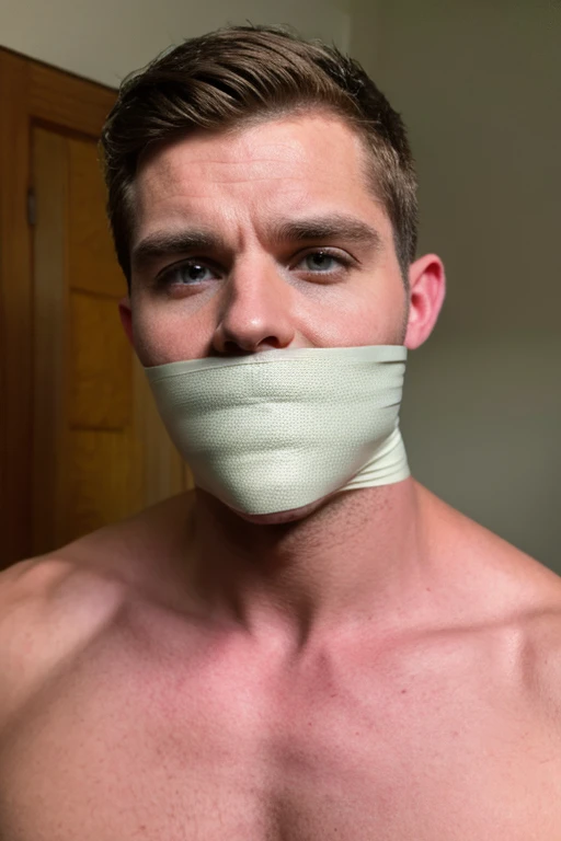 handsome 30s man, muscular, stubble, bearded, short brown hair, lookinh at viewer, sad, tape gag, tape wrapped around face, tape wrapped, wrap gag, tightly bound