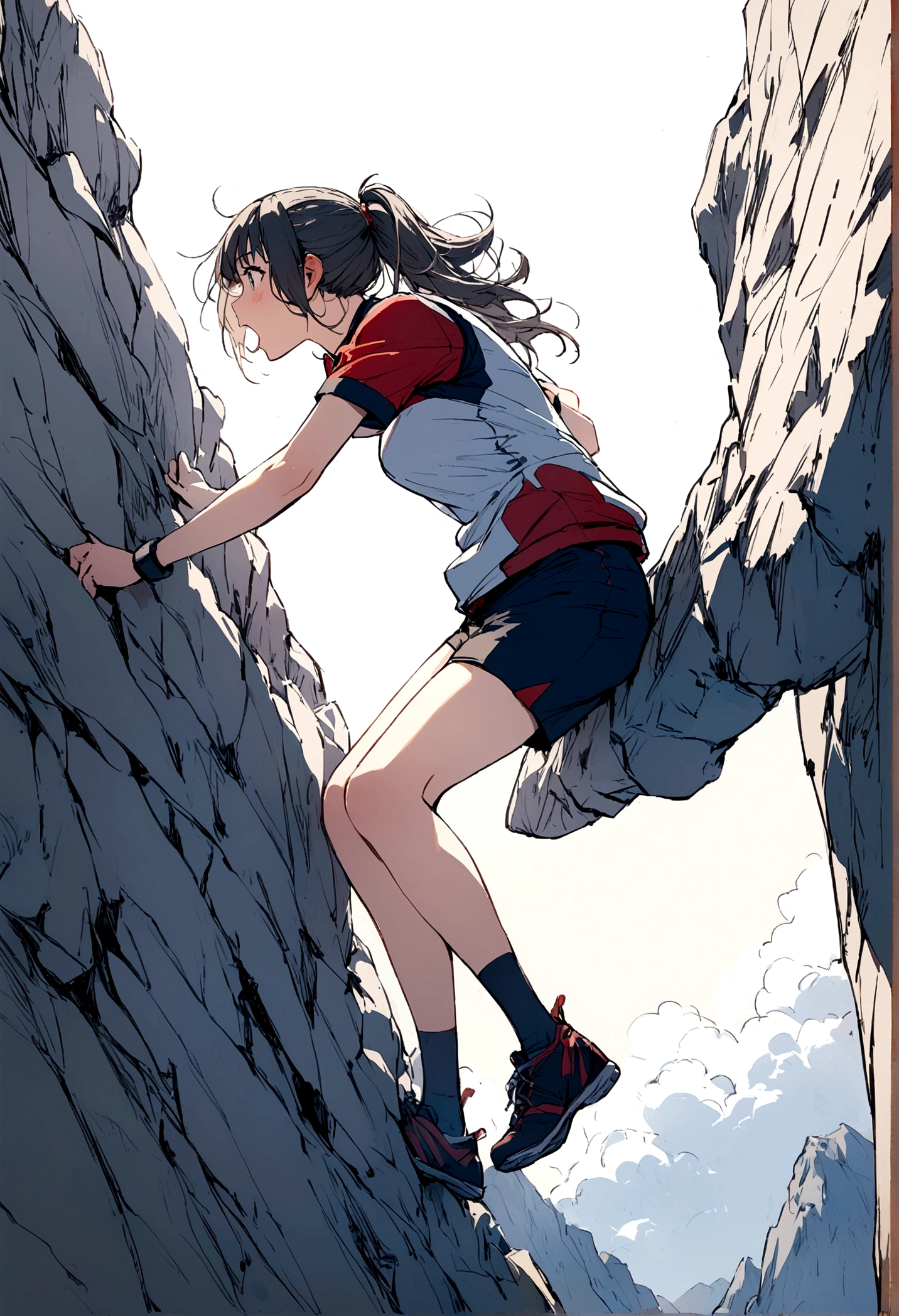 Girl wearing a sports uniform climbing mountains 