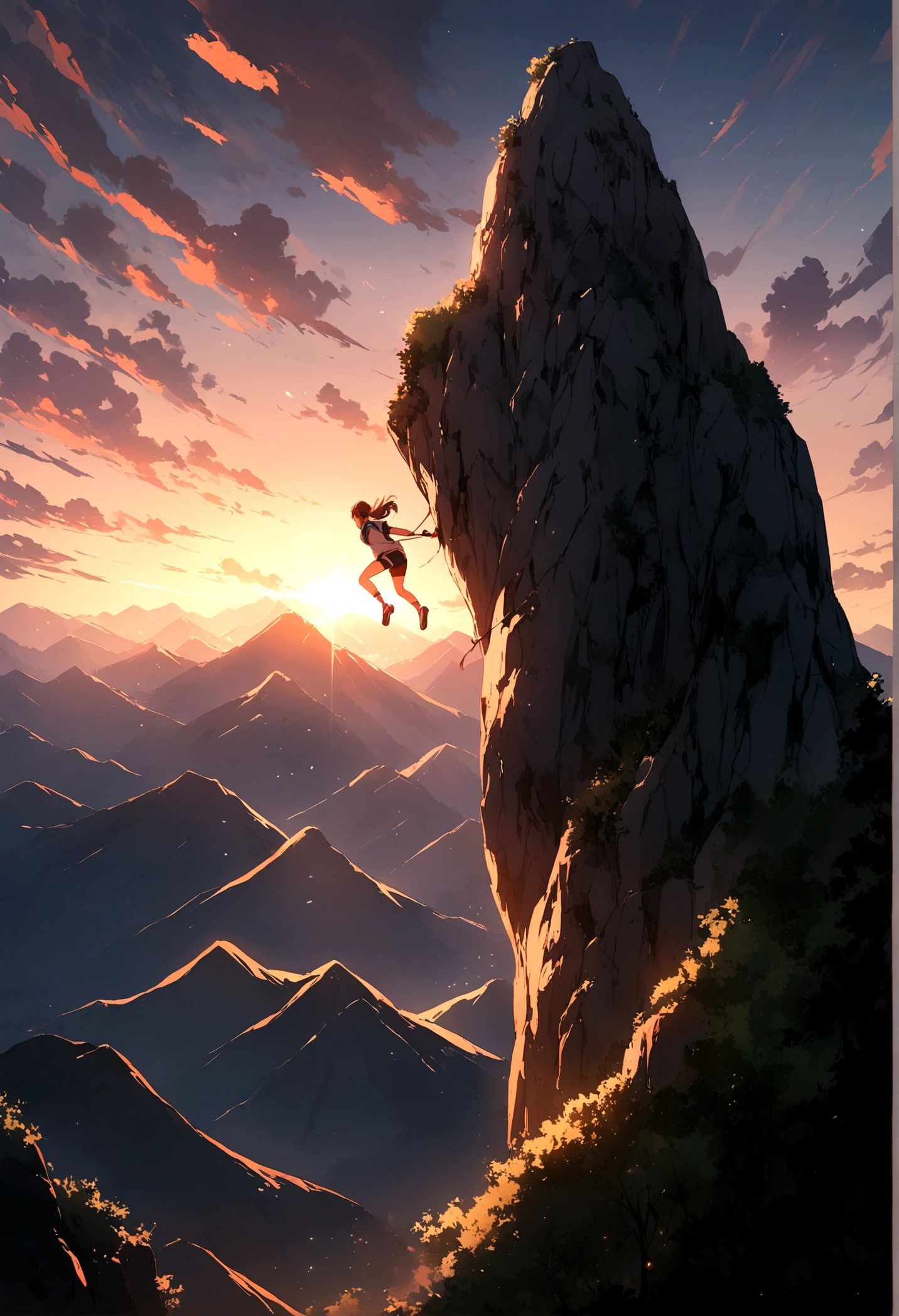 Girl wearing a sports uniform climbing mountains