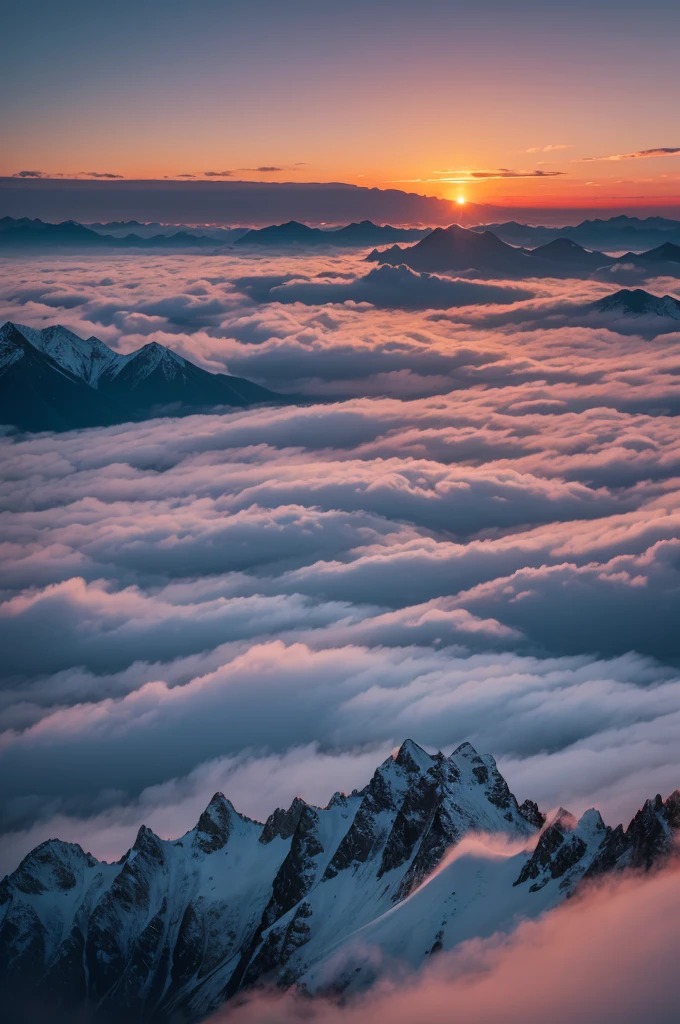 In the twilight sky, climb to the top of the mountain and enjoy the spectacular sea of clouds in the mountains. You can see a sea of clouds, endless clouds floating and mountain peaks above them. The sun is emitting a golden-red light. The clouds are floating at dawn, mountain peaks are visible from the clouds