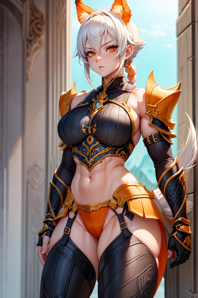 beautiful woman with short white hair, orange inferno eyes, wolf ears and a braided ponytail. She is wearing a revealing, sexy, fantasy knight armor with legplates. Her body is muscular and she is incredibly sexy. Her eyes are orange. She has strong, muscular arms and thick thighs. Wide hips.