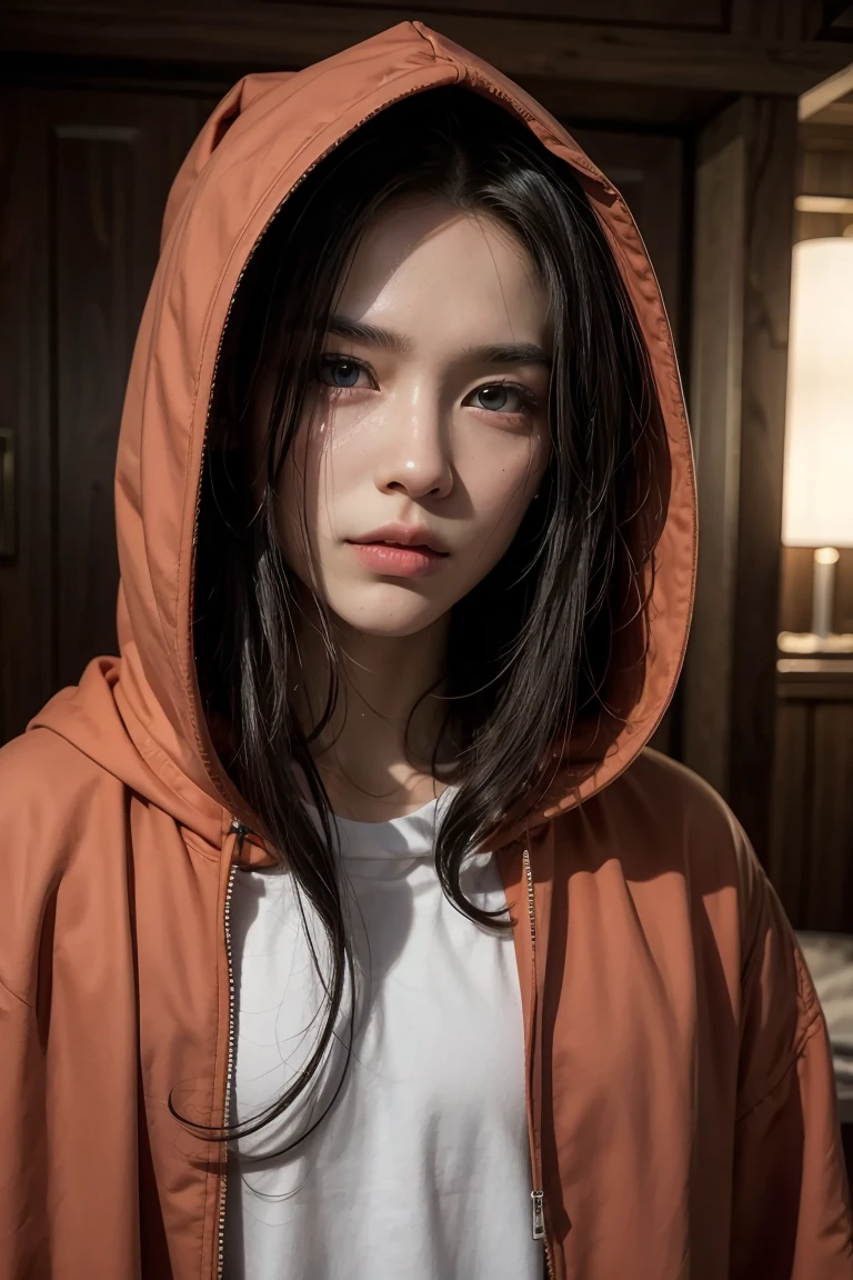 Man Red skin and eyes long hair in a hood