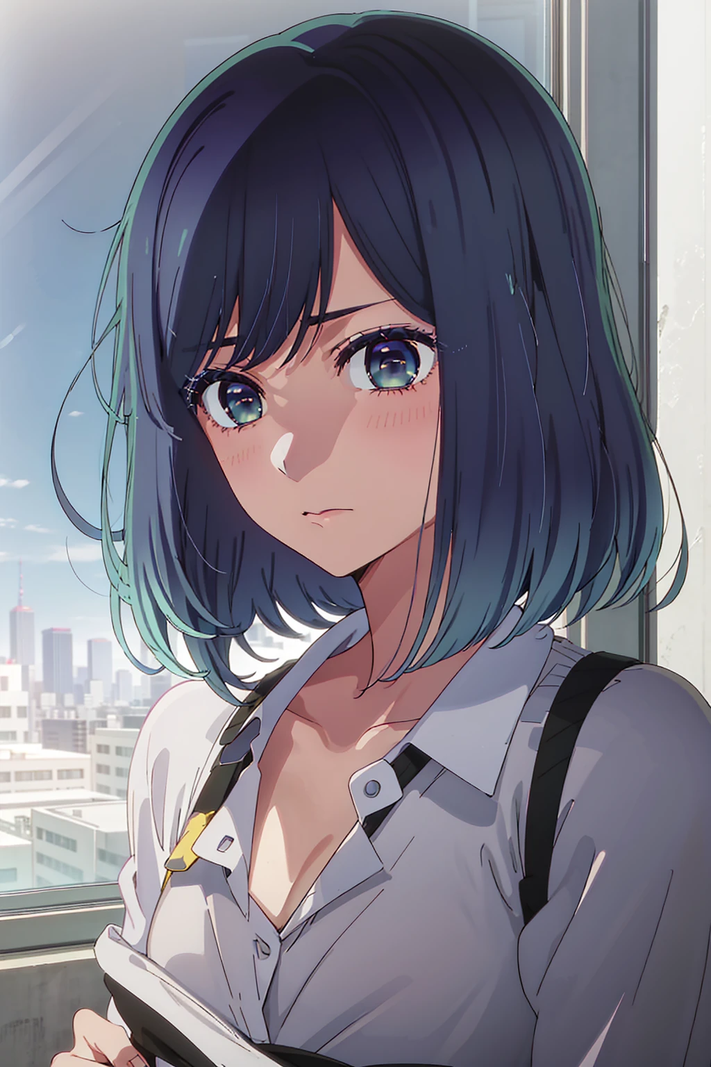 akane kurokawa,naked,rock,Blue Hair,naked,hot,sexy,beautiful,Perfect body,One Girl,big ,masterpiece,Perfect Face,Expressive Face,naked,night、Lying on a bed by the window in a high-rise building,Atmospheric lighting、Sad face