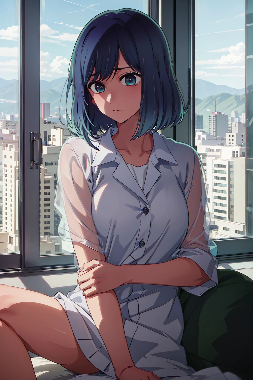 akane kurokawa,naked,rock,Blue Hair,naked,hot,sexy,beautiful,Perfect body,One Girl,big ,masterpiece,Perfect Face,Expressive Face,naked,night、Lying on a bed by the window in a high-rise building,Atmospheric lighting、Sad face