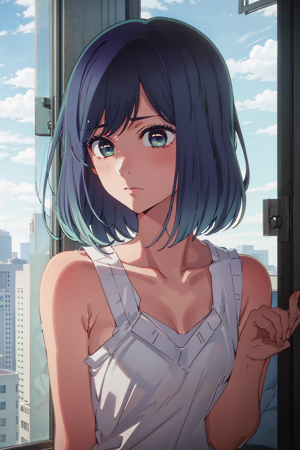 akane kurokawa,naked,rock,Blue Hair,naked,hot,sexy,beautiful,Perfect body,One Girl,big ,masterpiece,Perfect Face,Expressive Face,naked,night、Lying on a bed by the window in a high-rise building,Atmospheric lighting、Sad face