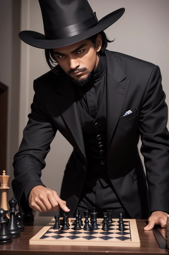 Make a dark black magician man play chess , and the board is also dark