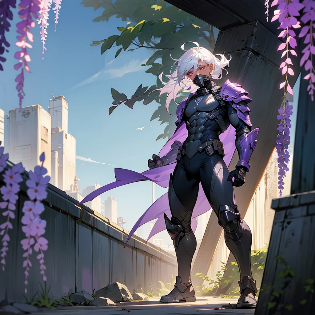 1male, young adult, dark skin, finely detailed plum eyes, wild medium hair, seashell white hair color, full body combat suit, shoulder armor pieces, combat boots, baggy miltarty combat pants, standing on ruined building, day time, tokyo streets, somber expression, muscular, tattoos, wisteria flowers, scars, gasmask