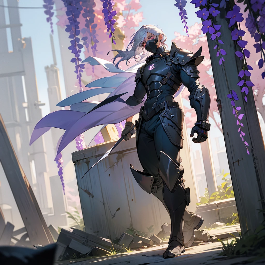 1male, young adult, dark skin, finely detailed plum eyes, wild medium hair, seashell white hair color, full body combat suit, shoulder armor pieces, combat boots, baggy miltarty combat pants, standing on ruined building, day time, tokyo streets, somber expression, muscular, tattoos, wisteria flowers, scars, gasmask