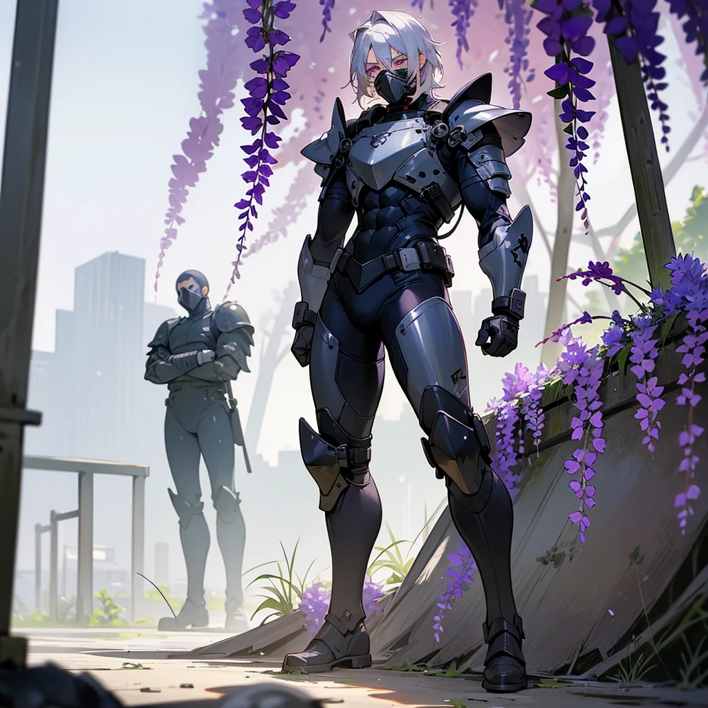 1male, young adult, dark skin, finely detailed plum eyes, wild medium hair, seashell white hair color, full body combat suit, shoulder armor pieces, combat boots, baggy miltarty combat pants, standing on ruined building, day time, tokyo streets, somber expression, muscular, tattoos, wisteria flowers, scars, gasmask