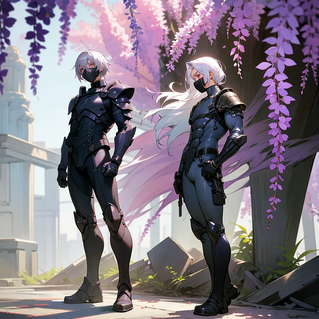 1male, young adult, dark skin, finely detailed plum eyes, wild medium hair, seashell white hair color, full body combat suit, shoulder armor pieces, combat boots, baggy miltarty combat pants, standing on ruined building, day time, tokyo streets, somber expression, muscular, tattoos, wisteria flowers, scars, gasmask