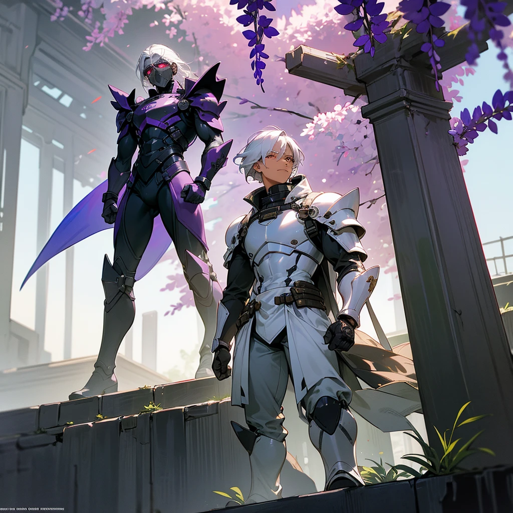 1male, young adult, dark skin, finely detailed plum eyes, wild medium hair, seashell white hair color, full body combat suit, shoulder armor pieces, combat boots, baggy miltarty combat pants, standing on ruined building, day time, tokyo streets, somber expression, muscular, tattoos, wisteria flowers, scars, gasmask